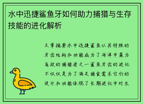 水中迅捷鲨鱼牙如何助力捕猎与生存技能的进化解析